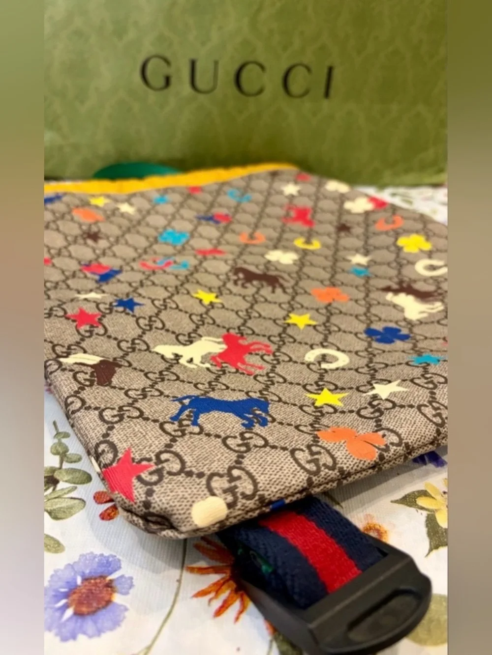 EUC! GUCCI Kids Beige GG Canvas Backpack with Yellow Trim & Multicolor Icons🐴⭐️